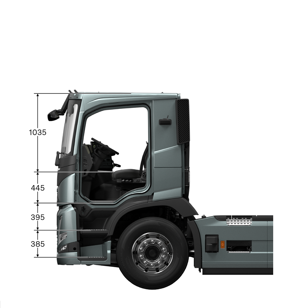 Volvo FM low day cab with measurements, viewed from the side
